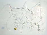 Rob Gardiner, Spatial Drawing, 10.9.8.1 silver tape, shadows, coloured cord, rubber ball, wire, pencil.