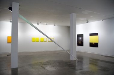In foreground is William Mackrell's No.7 Conical Series, and on walls l. to r., Noel Ivanoff's Digit Painting (Orange 1), Matthew Deleget's Known and Unknown Knowns and Unknowns, David Thomas' Amid It All: Black Reflection, Amid It All: Movement of Yellow