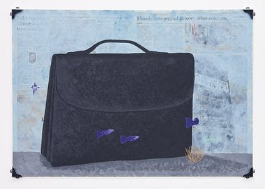 Nick Austin, Aquarium (with briefcase), 2011, acrylic on newspaer, glass, metal fittings, 575 x 785 mm.