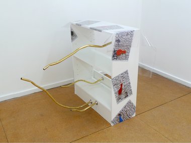 Oscar Enberg, Partial deflation decor, 2011, shelving unit, plastic, adhesive vinyl, chrome fittings, anodised aluminium tubing