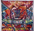 Emily Karaka, Folds-wai 30, 1995, oil and acrylic on printed fabric on canvas, Courtesy University of Waikato Art Collection 