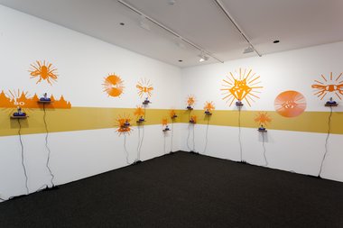 Jenny Gillam, Future Calls the Dawn, 2011, multimedia, with Simon Morris , Sound Line, 2011, acrylic paint, and Dr Kron, Image Credit, 2011, adhesive vinyl