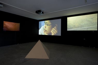 Tahi Moore, I Guess You'd Call It a Video Composition with Pyramid and Beats, installed at Te Tuhi