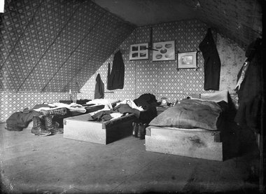 William Williams, Bedroom in 'The Old Shebang', Cuba Street, Wellington, c. 1883 Digital scan from dry-plate glass negative, 12.1 x 16.5 cm E.R. Williams Collection, Alexander Turnbull Library, Wellington 