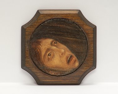 Angela Lane, A Fear of Drowning, oil paint on found board, 100 x 100 mm (77 mm diameter image)
