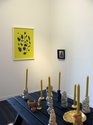 Orjis' installation at Melanie Roger. The yellow work on the wall is Land of 100 Lovers, 2012, ink on paper, edition of 3. next to it is by quiet volcanoes, 2012, ink on paper, ed of 10.