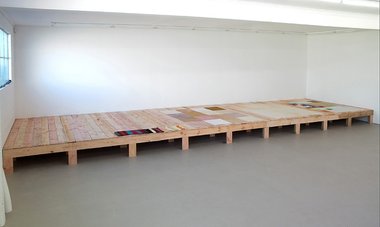 Kate Newby, What a day., 2013, timber platform, 470 x 3000 x 1095 mm. Installation view: Hopkinson Cundy, Auckland