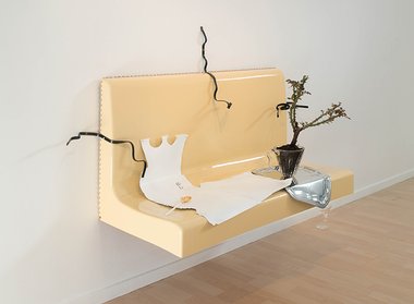 Oscar Enberg, Boothseat for Pukahontas, two pot automotive paint, fibreglass, permanent marker, powder-coated and chrome plated aluminium, leather, hand blown glass, rose plant, 3D printed plastic and brass spoon, 1200 x 600 x 510 mm