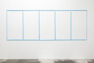 Paul Lee, Negative (screen, blue), 2013, towels, hoops, stainless steel, thread, pigment based ink, 1270 x 3467 mm