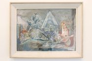 Frances Hodgkins, Tithe Barn, Cerne Abbas, 1943, gouache and pencil on paper, framed, 19 x 27.5 inches. Courtesy of Gow Langsford Gallery.