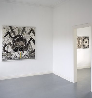 Rohan Wealleans, Black Widow, 2013, acrylic on canvas, 150 x 150 cm. On the far right: Space Map 2 and Space Map 3
