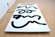 Henry Babbage, Flexible Identity, futura ply board, adhesive vinyl print, LED ground lights, 3D printed Gogle Glass (x2), 3D printed narrative (x2),3D printed marquette frame, 1200 x 600 x 510 mm