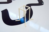 Henry Babbage, Flexible Identity, futura ply board, adhesive vinyl print, LED ground lights, 3D printed Google Glass (x2), 3D printed narrative (x2), 3D printed marquette frame, 1200 x 600 x 510 mm