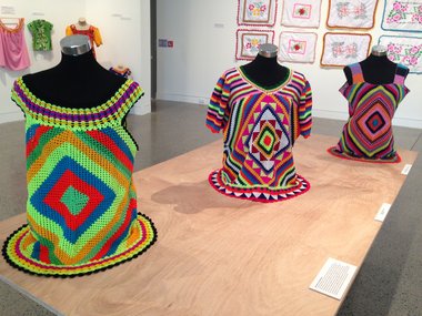 Three gatu kolose (crocheted tops) produced by members of Fafine Niutao i Aotearoa.