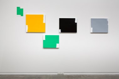 David Thomas, When Two Directions Become All Directions (L to R: Green Over Grey Yellow; Golden Yellow; Green; Black; Grey), 2012-14, acrylic on linen and dibond. Photo: Sam Hartnett