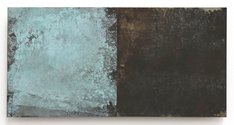Stephen Bambury, Seasons (Spring), 2014, chemical action on two brass panels on ply, 170 x 340 mm        