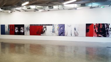 Ron Left, Painting and Time, The dynamic of the actual and the virtual, 2015,  1.5m x 15.2 m, as installed at St Paul St Gallery One. Photo: Ron Left