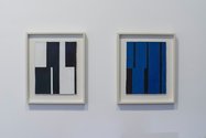 Alberto Garcia-Alvarez: Adoneus Bed (black-white), 1977, mixed media on canvas, 600 x 520 mm (framed); Adoneus Bed (black-blue), mixed media on canvas, 600 x 520 mm (framed)