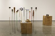 Matthew Cowan, I'll Sweep Your House. ritual Brooms, 2012, brooms, brushes, domestic objects; Xin Cheng, Chris Berthelsen and companions, Making-do(ing), 2014-ongoing