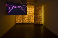 Sorawit Songsataya, Coyotes Running Oppposite Ways, 2016 (new commission), animated HD video (4 min 58 secs), glazed ceramics, twigs, felted wool fibre, machine-knitted mohair textile, inkjet prints on linen, jute wall, coloured fluorescent lighting.
