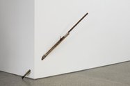 g. bridle, untitled (Of the Irascible Calm), 2017, shooting stick, elm wood amd merino ram horn, glass and cigarette holder bound with twin, 1900 mm x 70 mm x 70 mm (widest points).