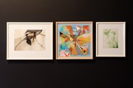 From left: Louise Henderson, Composition, 1962, watercolour and airbrush on paper, collection of the Aigantighe Art Gallery; Miranda Parkes, big feels, 2018, acrylic, watercolour, and charcoal on paper; Louise Henderson, Little Thoughts, undated, etching.