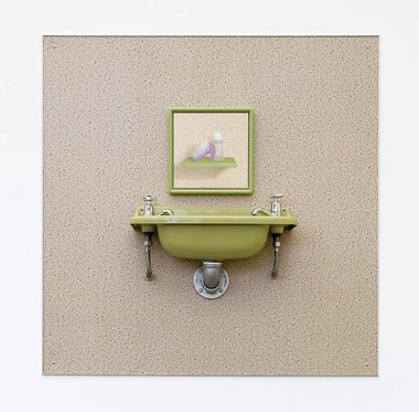 Emily Hartley-Skudder, Tomboy Avocado, 2018, mixed media, including new old stock self-adhesive shelf liner on aluminum composite panel, found sink, oil on linen   