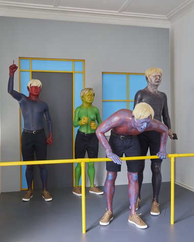 Ronnie van Hout, Ghosting, 2020,  painted MDF and pvc pipe, painted cast rigid urethane resin, expanded urethane foam, CNC expanded polystyrene, urethane spray, clothing, wigs, glass eyes,  3000 x 3000 x 3000 mm 