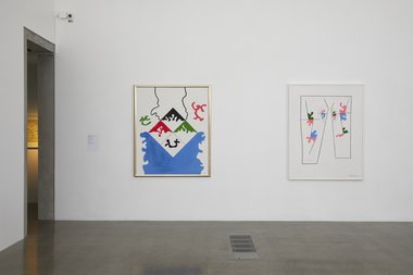 Theo Schoon: One Man's Picture is Another Man's Rorschach Test, 1964, pva and paint on board; Split Level View Finder, 1965, pva on board. Photo: Sam Hartnett