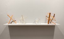 Xin Cheng, Out of the Woods, 2020, Tensegrity models with pinetrim, wilding pine, mānuka, rimu, plywood, pencils, twig, string, rubber bands. Four pieces. Installation dimensions variable. Photo: Arekahānara