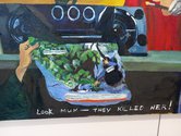 Jacqueline Fahey, Look Mum They Killed Her, 2022, painted detail of newspaper account of the murder of journalist, Shirin Abu Akleh. In the State of Palestine exhibition at Gallery Anomalous