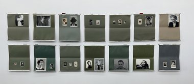 Patrick Pound, Looking up, Looking Down, 2023, found photographs on swing files, 3100 x 1030 mm in 14 parts (490 x 400 mm each)